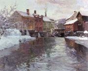 Frits Thaulow snow covered buildings by a river oil painting reproduction
